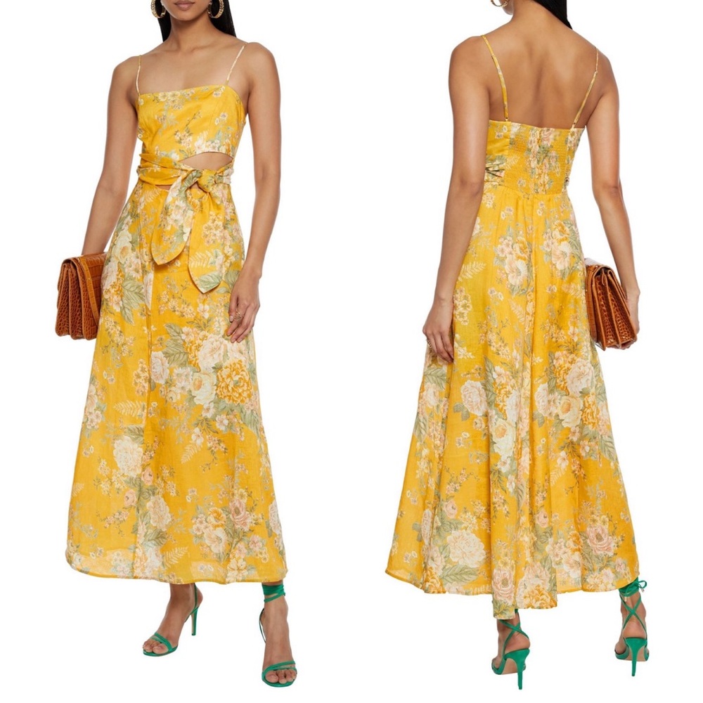 Zimmermann Amelie Scarf Tie Cutout Detail Floral Linen Maxi Dress Size 4
